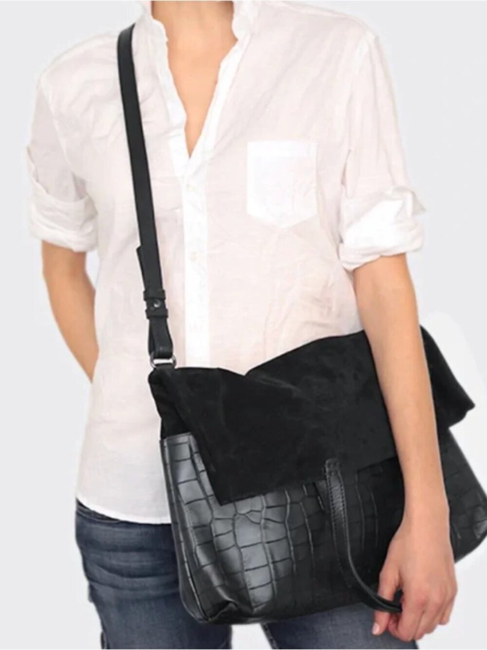49 Square Miles Fold Over Leather Suede Crossbody Tote Purse Bag Black New
